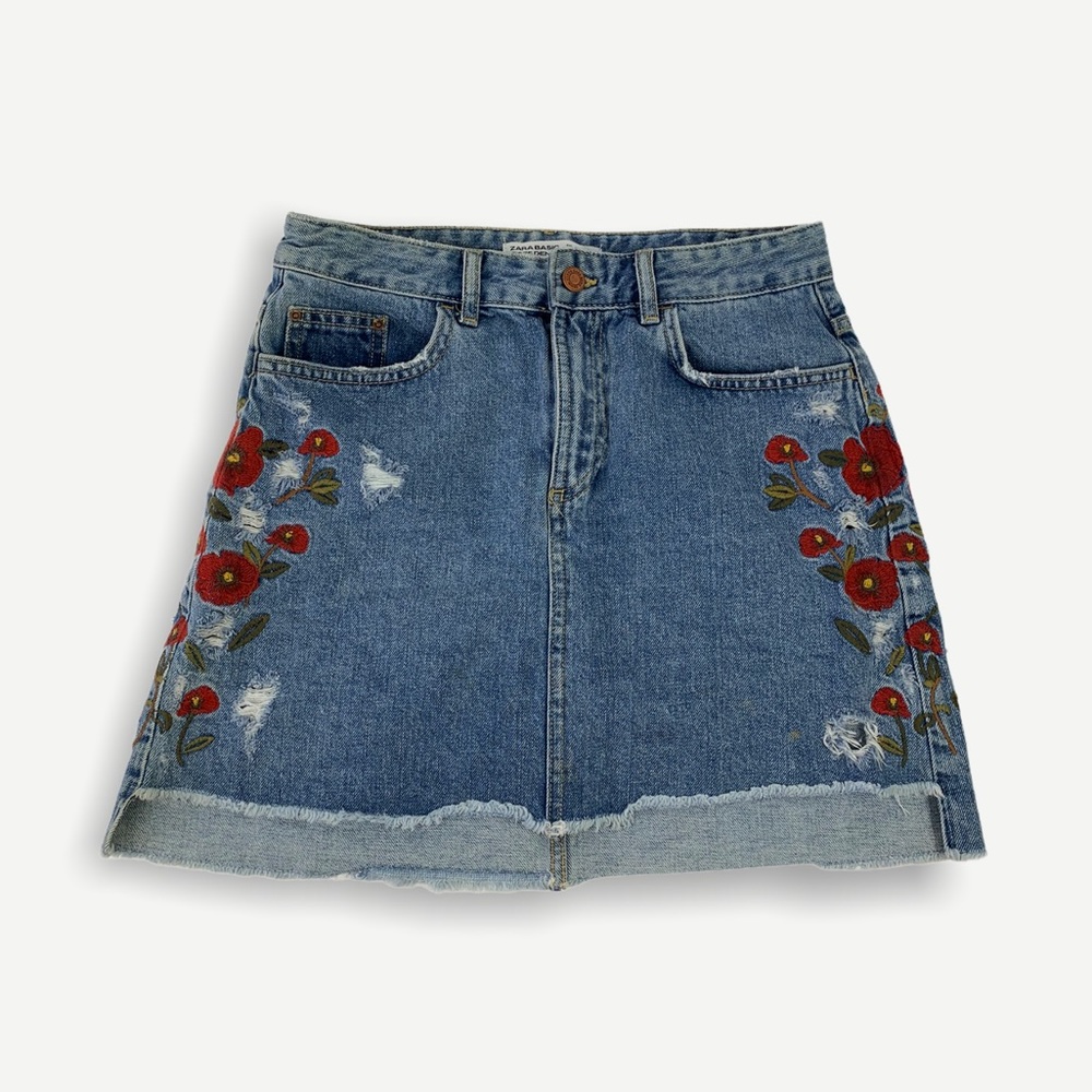 Zara Embroidered Step Hem Mini Denim Skirt